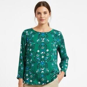 Boden Floral Print Blouse Green Blue work Women’s Size 10 Long Sleeve Casual Top